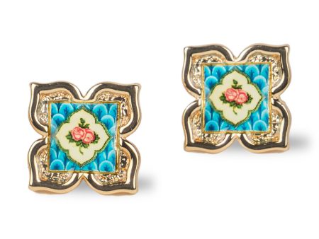 [Rare Bird Collection] Peranakan Floral Stud - Blue Online now