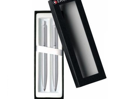 -- Sheaffer Sentinel Brushed Chrome Cap & Barrel, Nickel Plate Trim Ballpoint Pencil Set For Sale